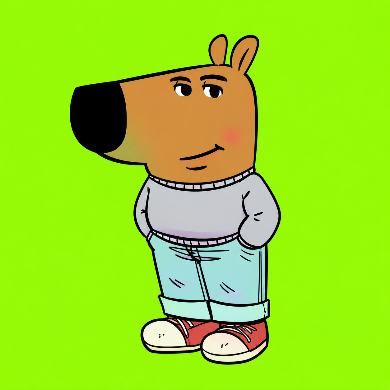 $CHILLGUY mascot: a relaxed cartoon dog with hands in pockets on a bright green background